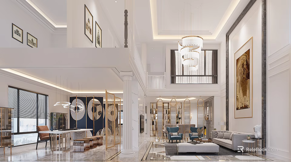 Modern Duplex Living Room With High Ceiling And Elegant Decor 3d model