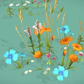 Cartoon Scene With Orange Blue Pink White Flowers And Green Leaves On Light Green Background