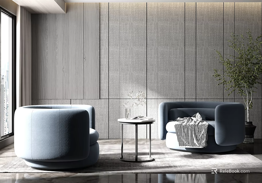 Modern Comfortable Light Blue Leisure Sofa Set With Round Armchairs Side Table And Textured Wall 3d model