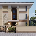 Modern Two Story Detached Villa Exterior With Balcony Courtyard Outdoor Seating And Trees