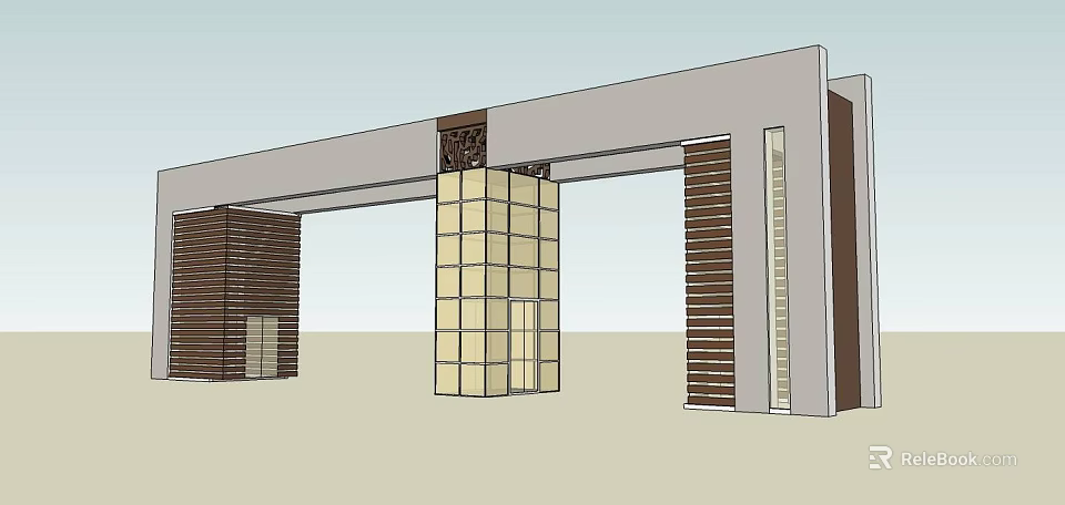 Modern Entrance Gate Architectural Design With Gray Beam And Brown Columns 3d model 