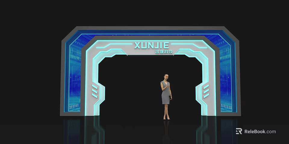 XUNJIE Tech Archway with Blue Illuminated Edges and Standing Female Figure in Modern Digital Backdrop 3d model 