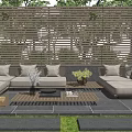 Gray Outdoor Sofa With Cushions Coffee Table And Potted Plant In Patio With Wooden Screen