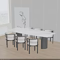 Modern Dining Table Set With Upholstered Chairs Line Art Wall Decor And Wooden Flooring