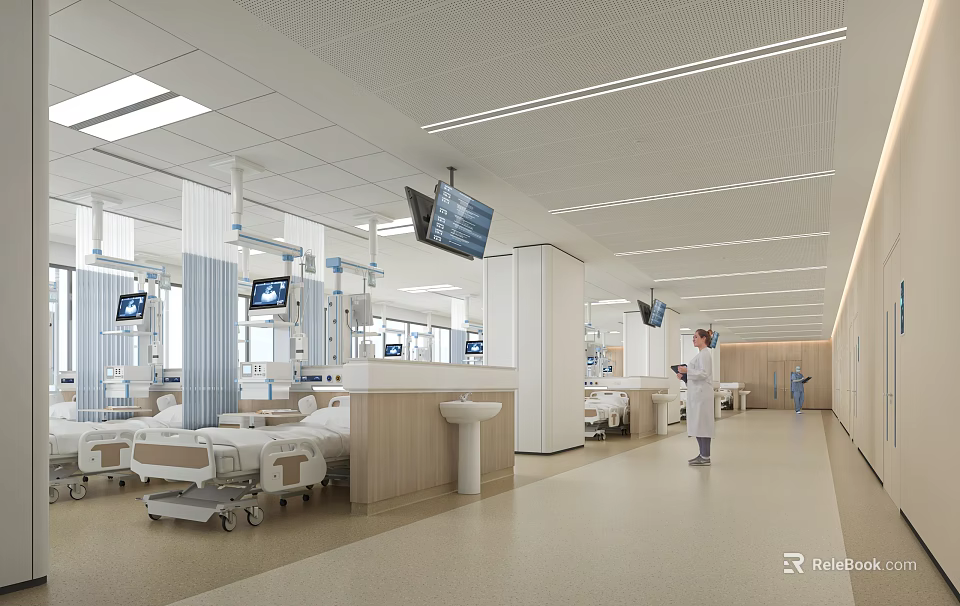 Modern Hospital Ward Interior With Bright Clean Environment Medical Equipment Beds And Staff 3d model 