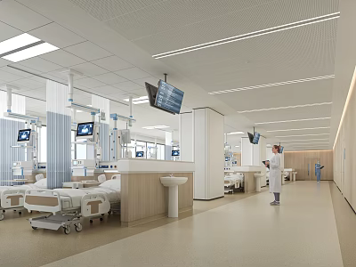 Modern Hospital Ward Interior With Bright Clean Environment Medical Equipment Beds And Staff 3d model
