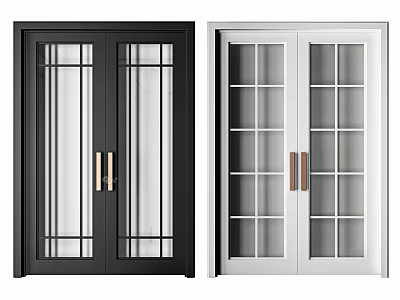 Black and White Double Doors Featuring Glass Panels and Metal Handles for Modern Interior Design 3d model