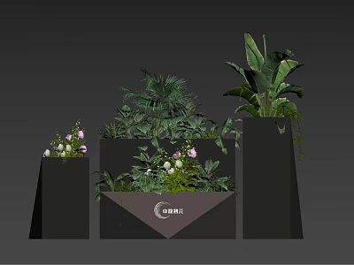Stylish Garden Decor Pieces With Green Plants Pink Flowers And Black Containers 3d model