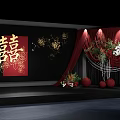 Wedding Stage Decoration With Red Curtains Flower Arrangements Red Balls And Double Happiness Character
