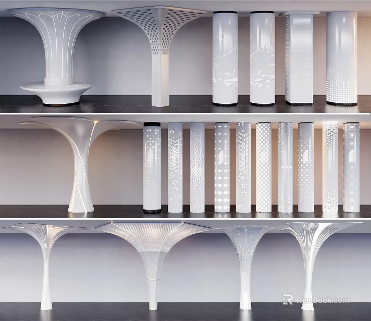 Modern White Perforated Columns With Varied Shapes Displayed on Shelves 3d model 