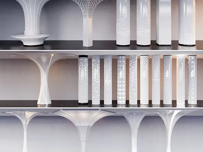 Modern White Perforated Columns With Varied Shapes Displayed on Shelves 3d model