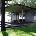 Modern Outdoor Glass Pavilion With Black Roof Surrounded by Trees and Green Lawn