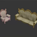 Ornate European Style Sofa Set With Golden Carvings And Light Colored Fabric