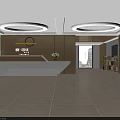 Modern Reception Desk With Wooden Walls Circular Pendant Lights And Marble Countertop