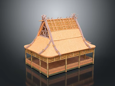 Traditional Bamboo Pavilion Model With Thatched Roof And Open Architectural Structure 3d model
