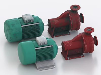 Industrial Equipment Water Pumps With Green Motors And Red Pump Bodies 3d model