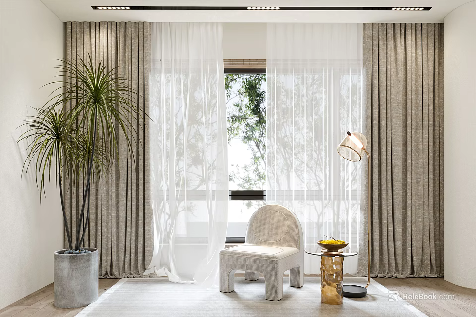 Light Gray Curtains with Sheer Panels in Modern Room with Palm Plant and White Chair 3d model 
