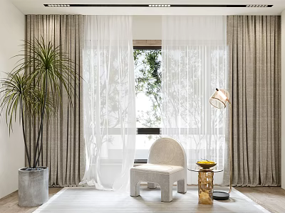 Light Gray Curtains with Sheer Panels in Modern Room with Palm Plant and White Chair 3d model