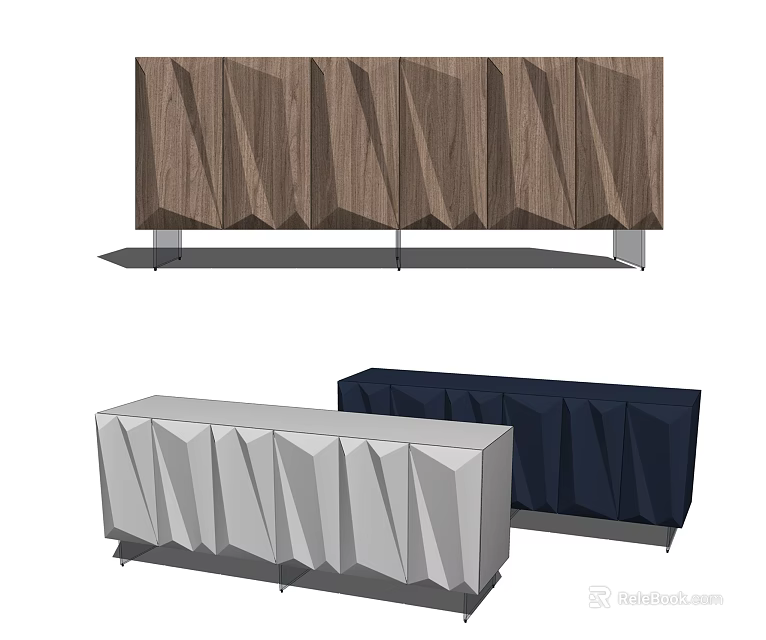 Modern Console Cabinet and Sideboard with Geometric Texture in Wooden Light Gray Dark Blue 3d model 
