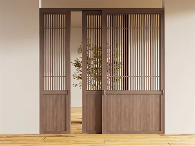 Wooden Sliding Doors With Lattice Design In Modern Interior Entrance With Plants And Wooden Floor 3d model