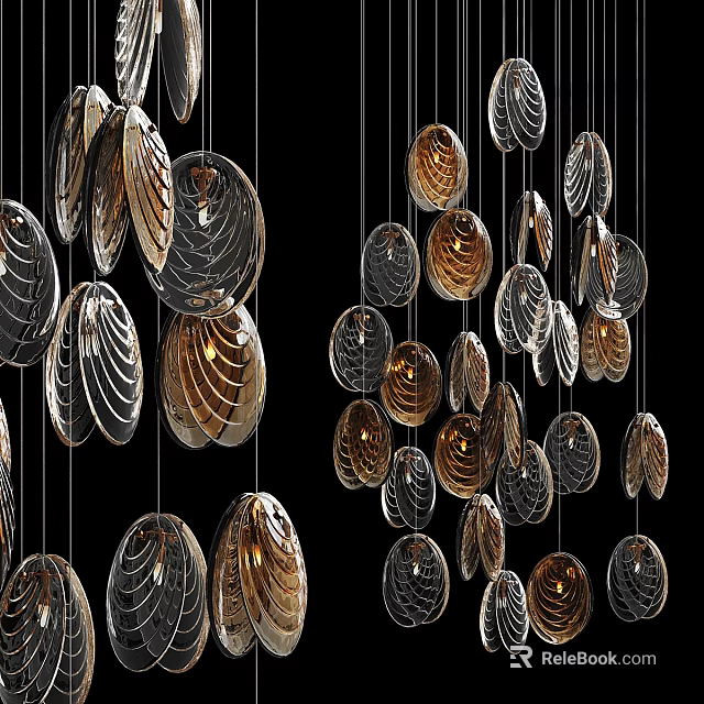 Multiple Gold And Silver Shell Shaped Chandeliers Hanging In Modern Interior Design 3d model 
