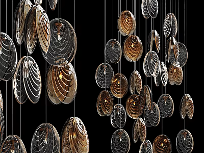 Multiple Gold And Silver Shell Shaped Chandeliers Hanging In Modern Interior Design 3d model