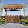 Traditional Bamboo Gate with Thatched Roof Hanging Lanterns Stone Path and Flowers Plants