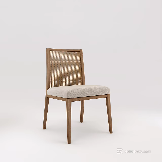 Modern Wooden Frame Dining Chair With Woven Rattan Backrest And Light Beige Padded Seat 3d model 