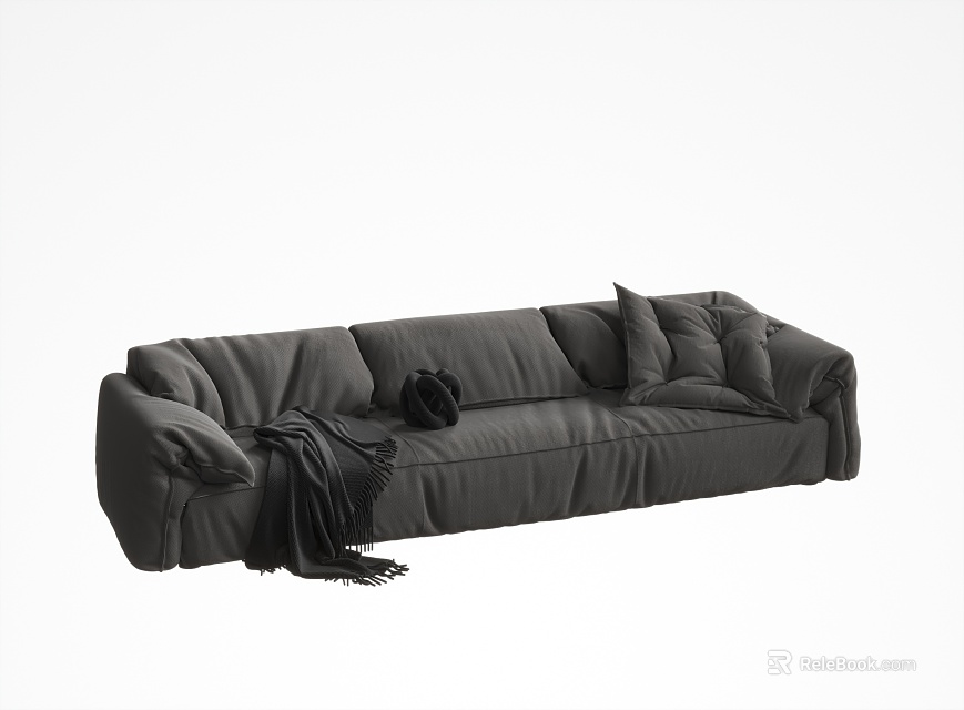 Black Modern Three-Seater Sofa with Plush Cushions Throw Pillow and Cozy Blanket 3d model 