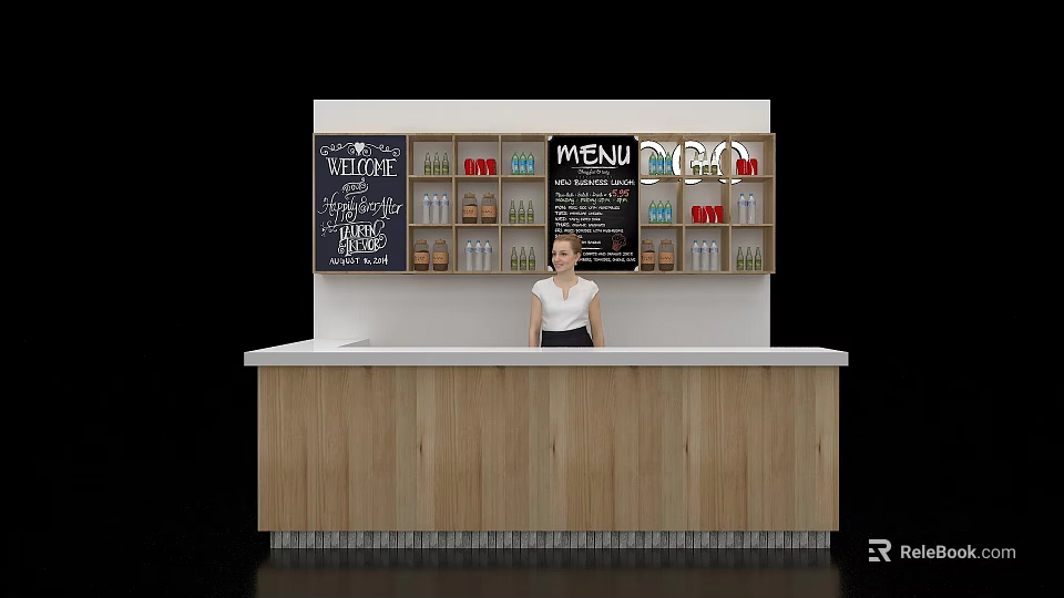 Stylish Bar Counter With Menu Board And Shelves For Drinks And Snacks 3d model 