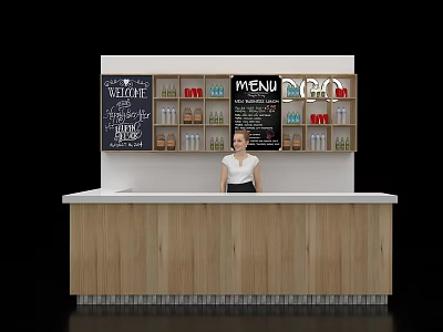 Stylish Bar Counter With Menu Board And Shelves For Drinks And Snacks 3d model
