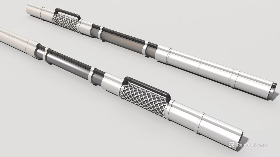 Industrial Equipment With Two Long Metal Cylindrical Bodies Silver Black Grid Components 3d model 