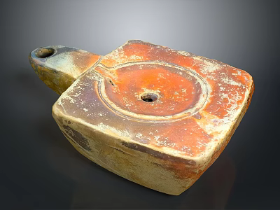 Ancient Rustic Square Clay Artifact With Handle And Central Hole Worn Surface 3d model