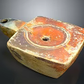 Ancient Rustic Square Clay Artifact With Handle And Central Hole Worn Surface