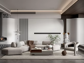 Modern Living Room Sofa Coffee Table Combination Sculpture Ornaments Chandelier Fireplace 3d model
