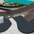 Modern Museum Building Design Featuring Unique Curved Roof Surrounding Water Pools And Lush Greenery