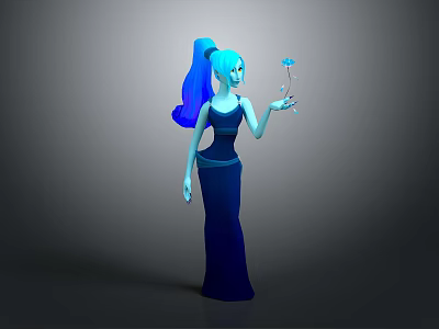3D Game Movie Character With Teal High Ponytail Dark Blue Long Dress Holding Blue Flower 3d model