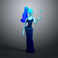 3D Game Movie Character With Teal High Ponytail Dark Blue Long Dress Holding Blue Flower