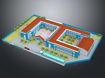 3D Architectural Building Model With Red Roof Blue Walls And Courtyard Green Plants 3d model