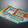 3D Architectural Building Model With Red Roof Blue Walls And Courtyard Green Plants