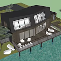 Modern Detached Villa With Wooden Exterior Large Windows Waterfront Deck Railing And Trees