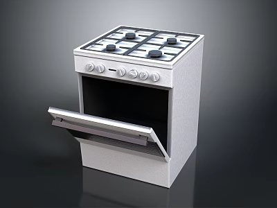 White Kitchen Gas Stove Oven Combo With Four Burners Open Door 3d model