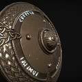 Decorative Round Metal Shield With Intricate Celtic Knots And Central Animal Head