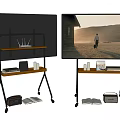 Large Screen TV Displaying Outdoor Scene With Metal Stand Shelf And Items