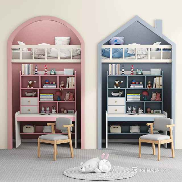Pink and Blue Kids Desk in Children Room With Storage Shelves Drawers and Chair 3d model 