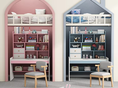 Pink and Blue Kids Desk in Children Room With Storage Shelves Drawers and Chair 3d model