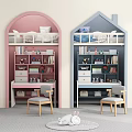 Pink and Blue Kids Desk in Children Room With Storage Shelves Drawers and Chair