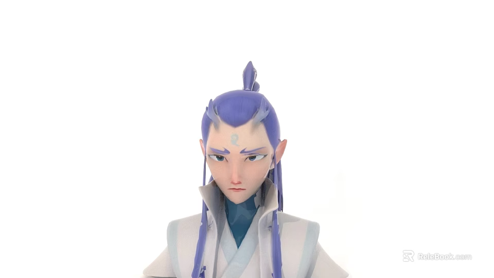 Game And Movie Character With Purple Topknot Hair Horns And White Blue Robes 3d model 