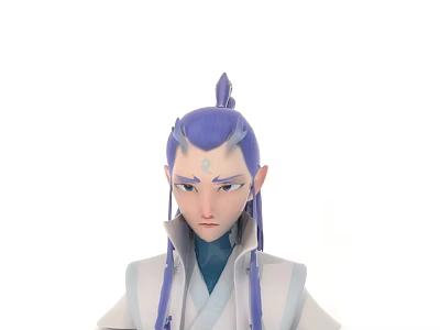 Game And Movie Character With Purple Topknot Hair Horns And White Blue Robes 3d model