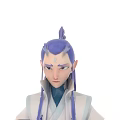 Game And Movie Character With Purple Topknot Hair Horns And White Blue Robes